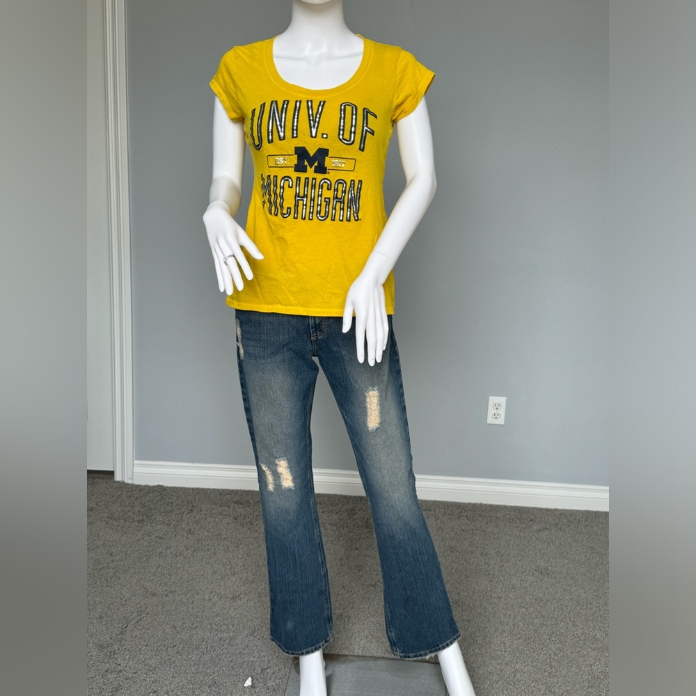 UofM Shirt and Flare Blue Wide Leg Jeans with Distressed Accents